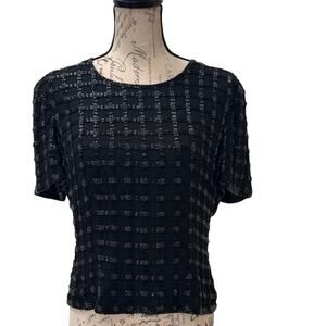 Vintage Talbots Women's Black 100% Silk beaded Short Sleeve Evening Top Size M